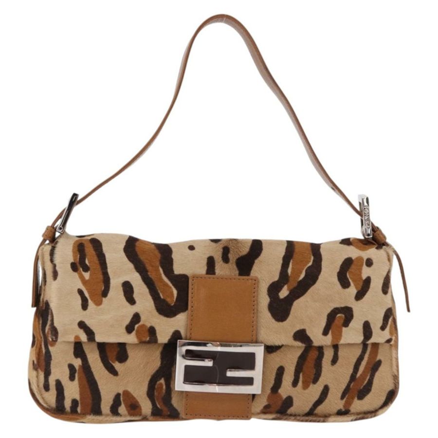 【日本直送】FENDI 豹紋 Mamma Baguette 手袋,Harako 皮革,米色/銀色,正品 am12111SM-12