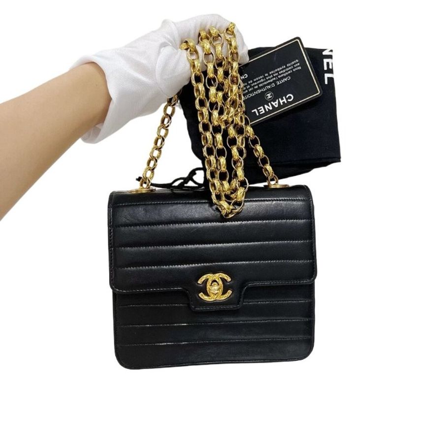 Chanel 香奈兒黑金條紋雙C扣方胖子雕花鏈條包-14