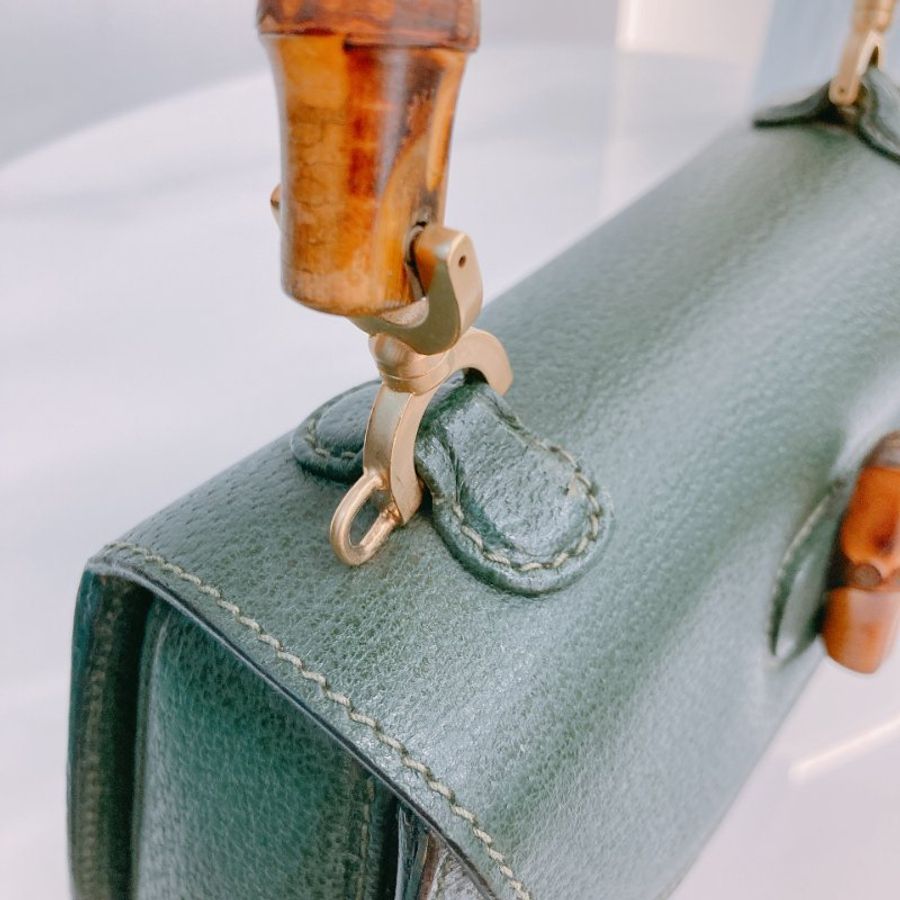 MS0756 Gucci 古馳手套包 黑色牛皮 Vintage Bamboo 1947 Top Handle Bag Calfskin Green x GHW [-13