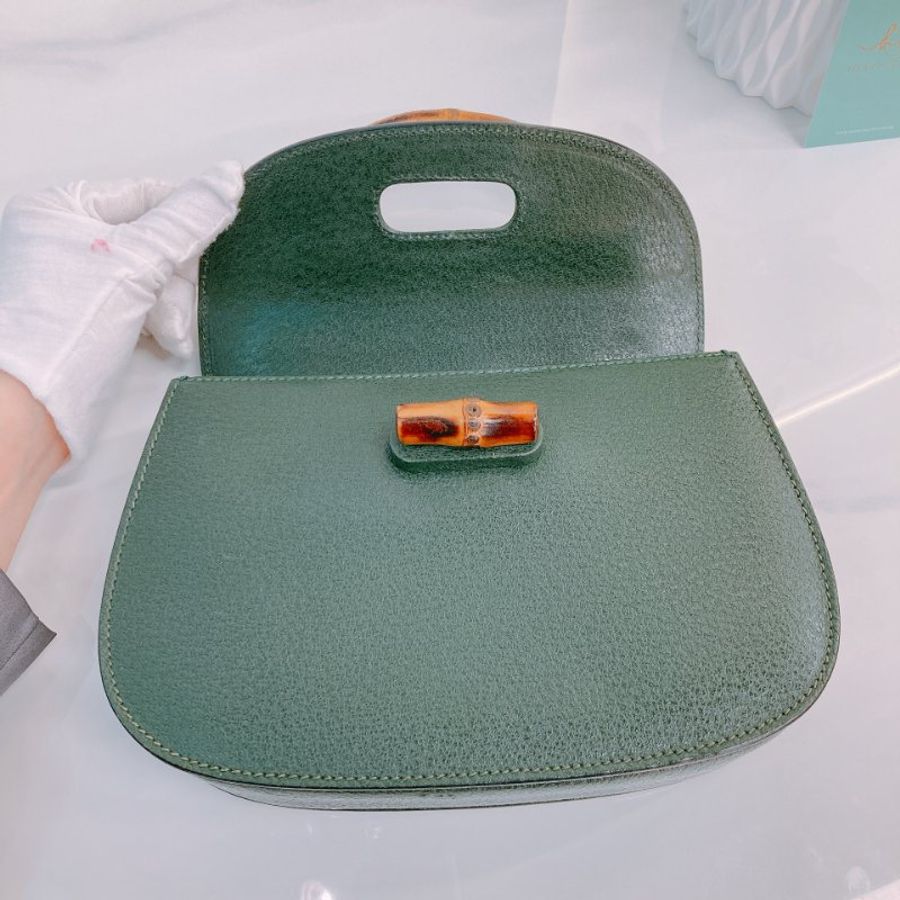 MS0756 Gucci 古馳手套包 黑色牛皮 Vintage Bamboo 1947 Top Handle Bag Calfskin Green x GHW [-16