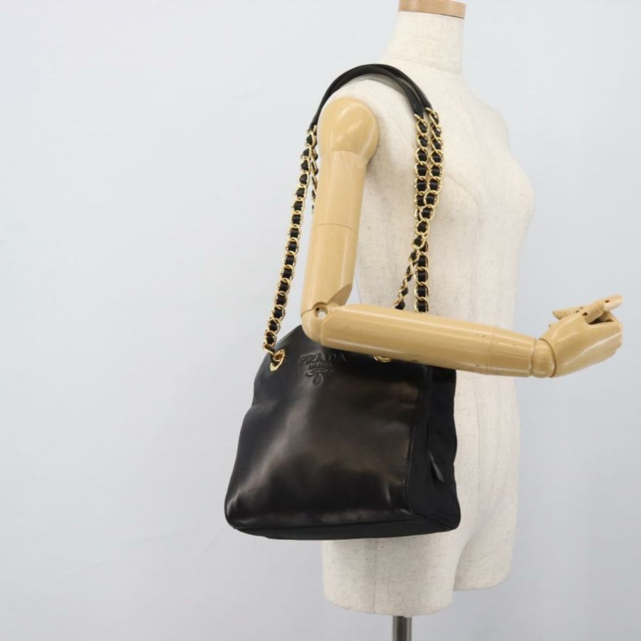 【日本直送】PRADA 鏈條單肩包 皮革 黑色 金色 正品 191084A-25