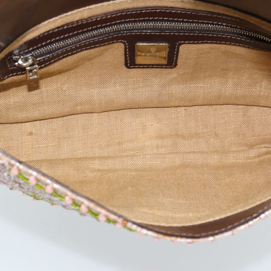 【日本直送】FENDI Mamma Baguette 肩背包 帆布串珠 米色 銀色 正品 189253SM-18