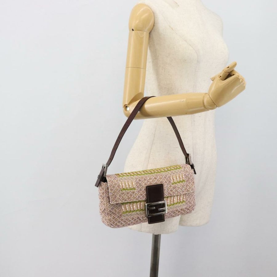 【日本直送】FENDI Mamma Baguette 肩背包 帆布串珠 米色 銀色 正品 189253SM-23