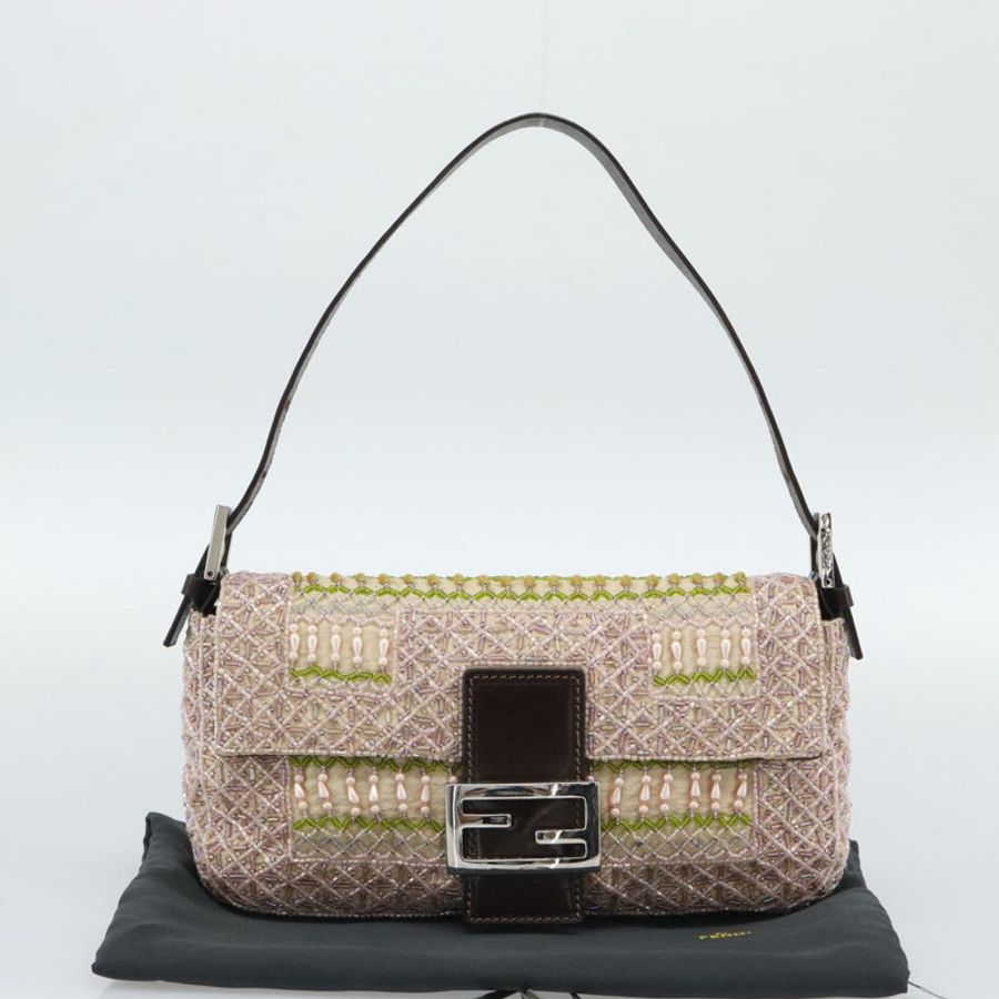 【日本直送】FENDI Mamma Baguette 肩背包 帆布串珠 米色 銀色 正品 189253SM-24