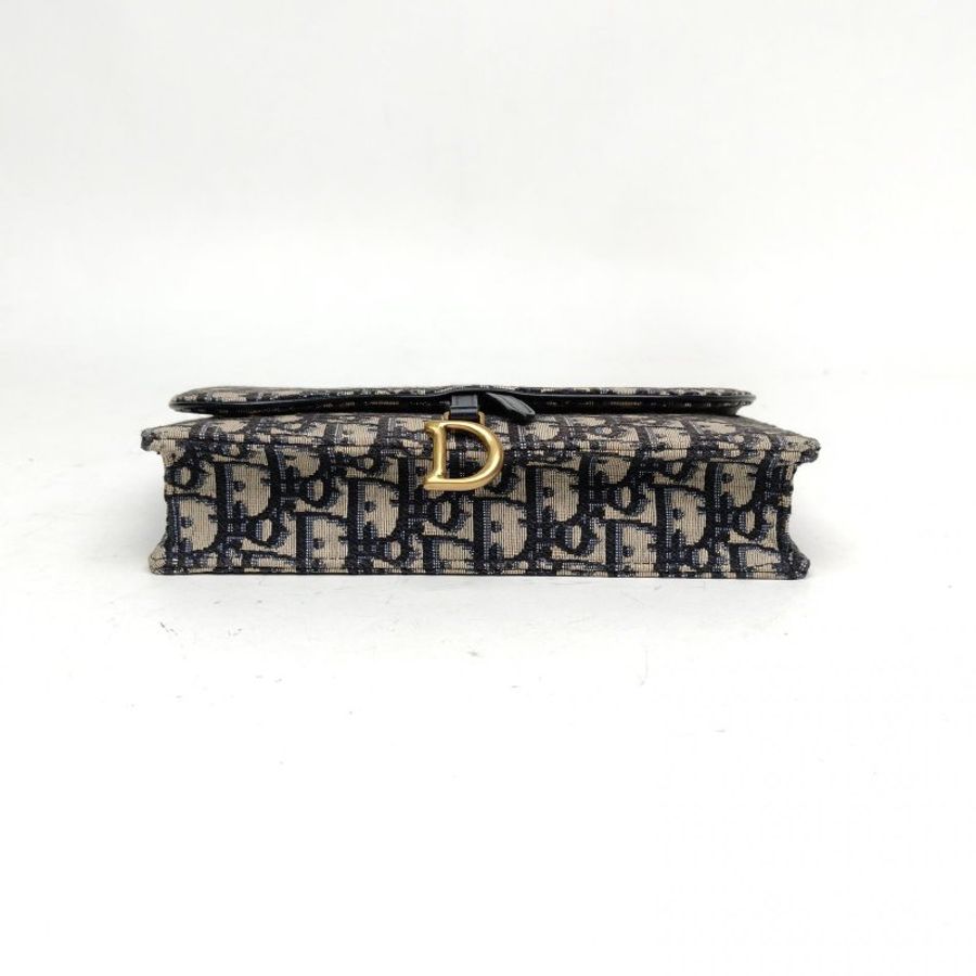 DIOR SADDLE馬鞍鏈條WOC墨藍色帆布金扣印花肩背包-4
