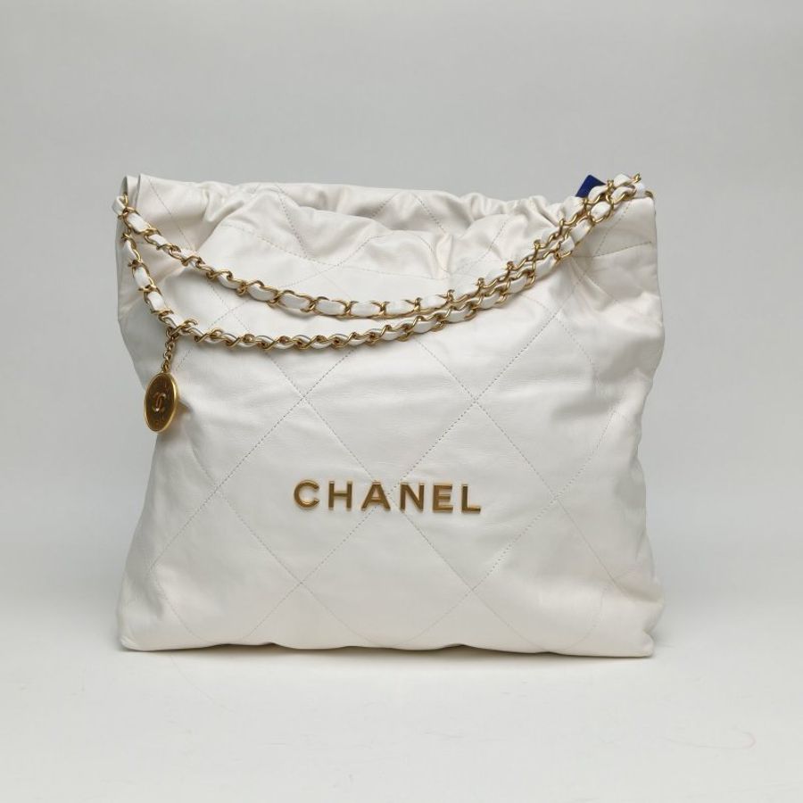 CHANEL 22BagTote托特包中號白色牛皮革晶片金扣肩背包-0