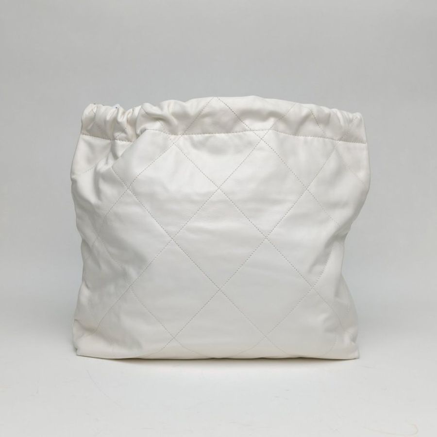 CHANEL 22BagTote托特包中號白色牛皮革晶片金扣肩背包-2