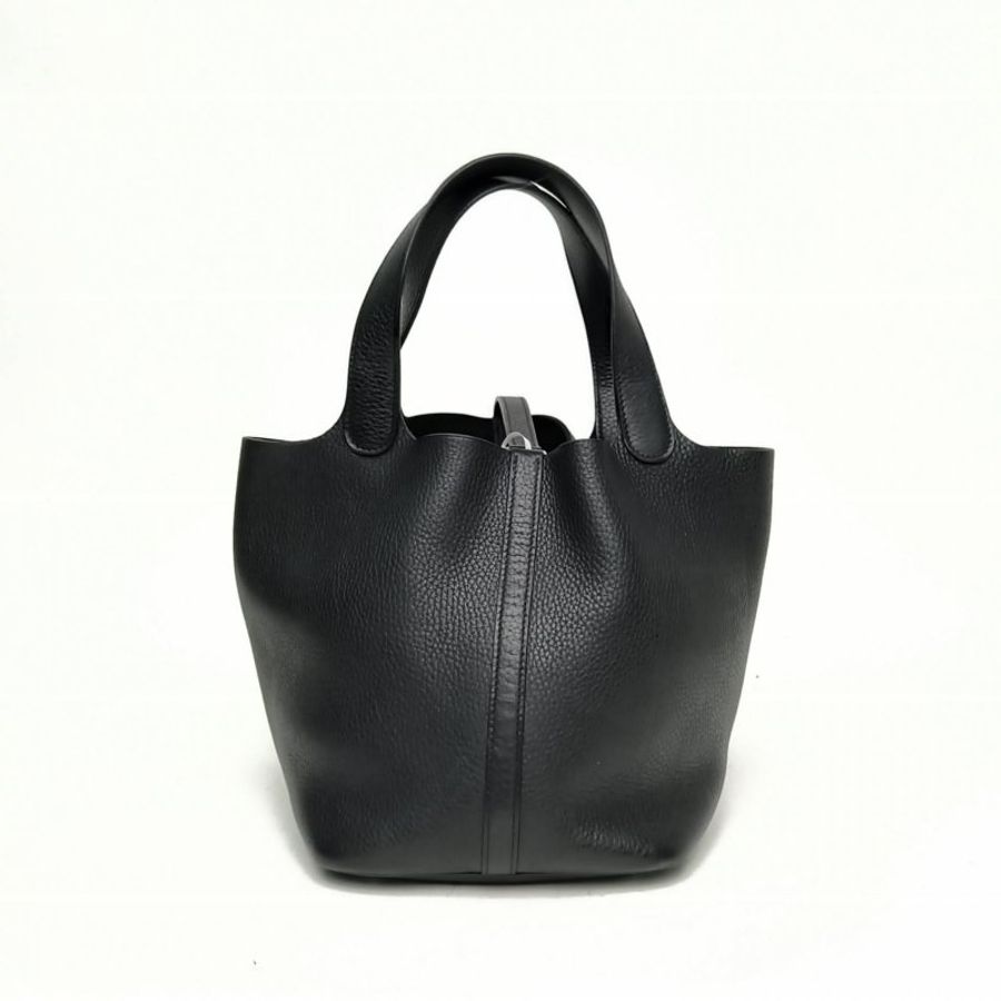 HERMES Picotin22菜籃子黑色TC皮X刻銀扣肩背包-2