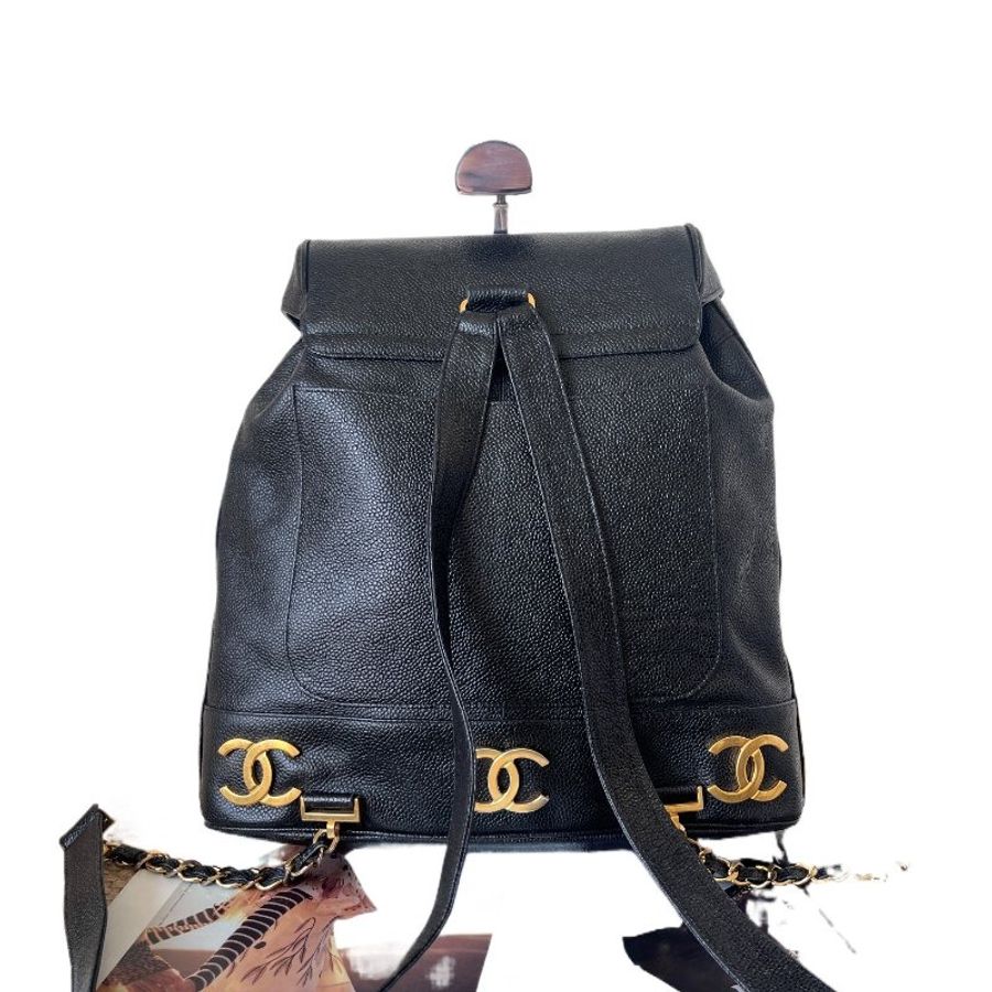 Chanel香奈兒黑金魚子醬6個雙C logo 鏈條雙肩包-3