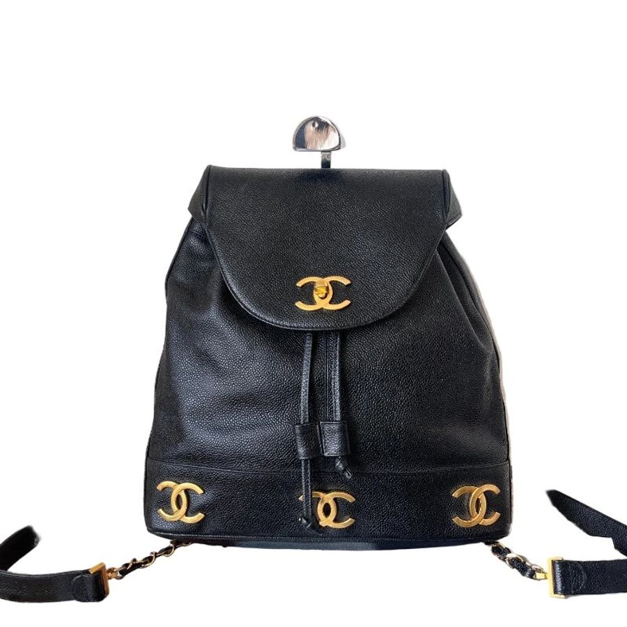 Chanel香奈兒黑金魚子醬6個雙C logo 鏈條雙肩包-9