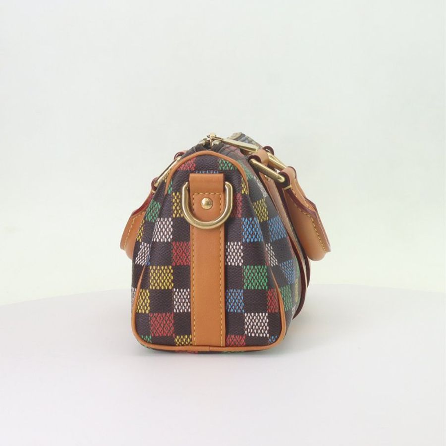 LOUIS VUITTON keepall 25多彩格紋拉鏈開合做舊五金塗層帆布單肩斜挎手提包-1