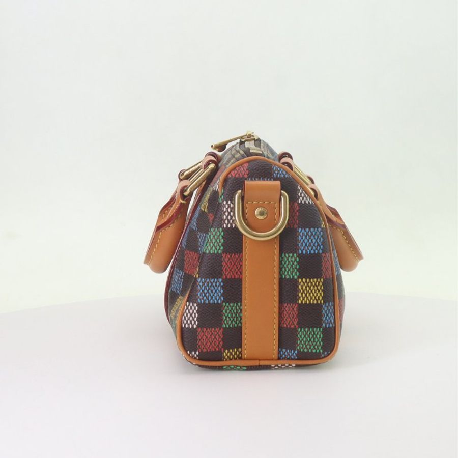 LOUIS VUITTON keepall 25多彩格紋拉鏈開合做舊五金塗層帆布單肩斜挎手提包-3