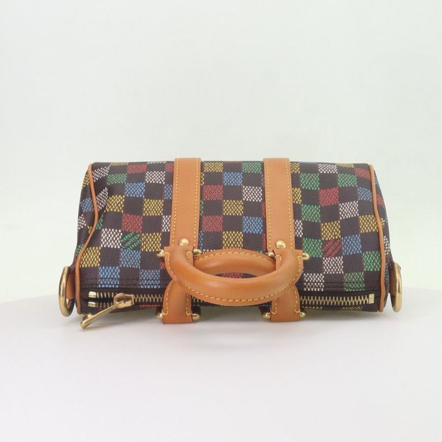 LOUIS VUITTON keepall 25多彩格紋拉鏈開合做舊五金塗層帆布單肩斜挎手提包-5