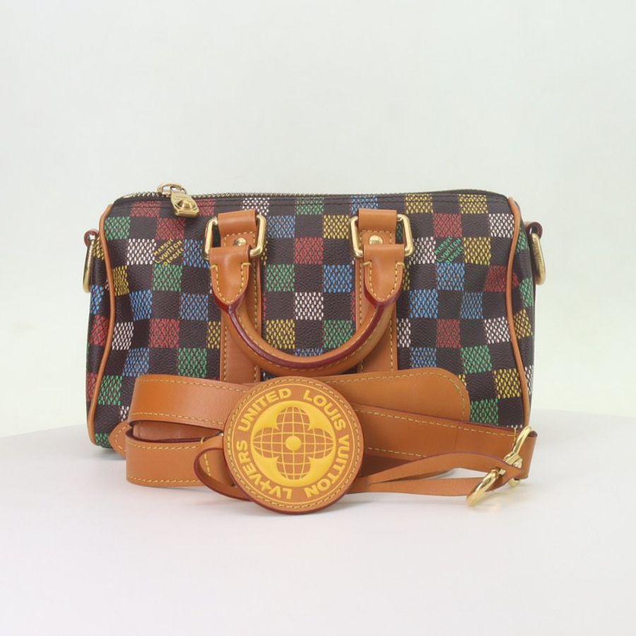 LOUIS VUITTON keepall 25多彩格紋拉鏈開合做舊五金塗層帆布單肩斜挎手提包-6