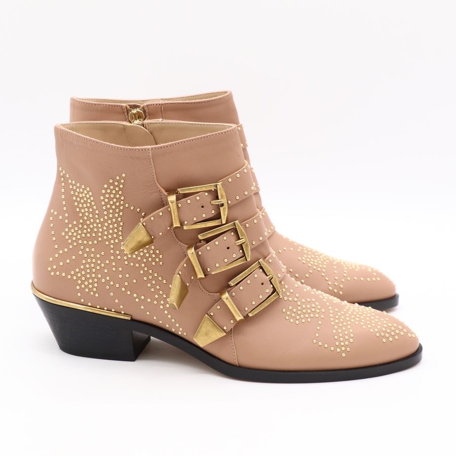 Chloé 蔻依 經典 Susanna 三皮帶金釦金色鉚釘 小牛皮 棕色粗跟短靴-4