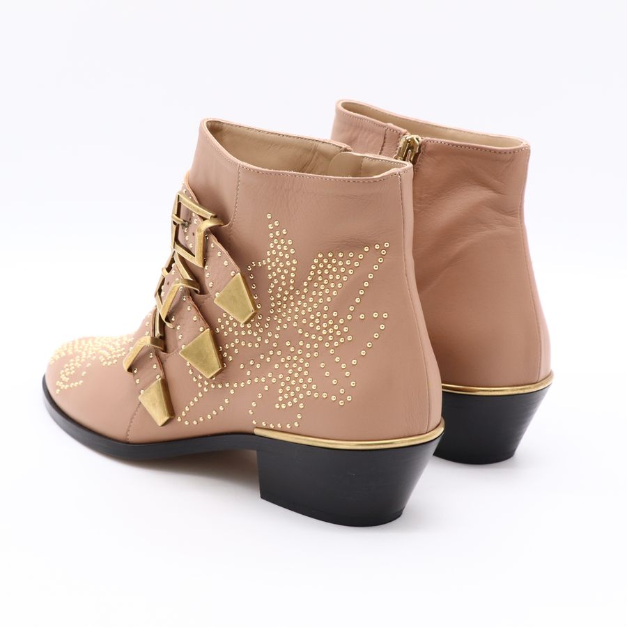 Chloé 蔻依 經典 Susanna 三皮帶金釦金色鉚釘 小牛皮 棕色粗跟短靴-8