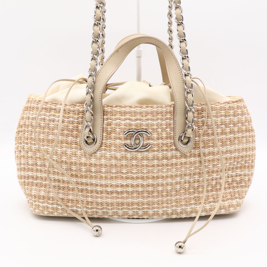 Chanel 香奈兒 淺米色拉菲草 編織 束口 鍊條 肩背包 手提包 托特包 草編包-1