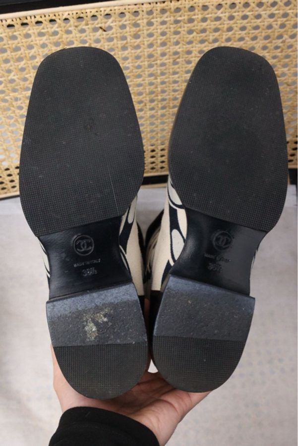 Chanel锁链米棕色皮革帆布拼接中筒靴-6