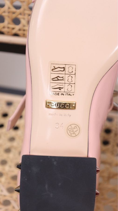Gucci粉色蝴蝶结铆钉粗跟高跟鞋-7
