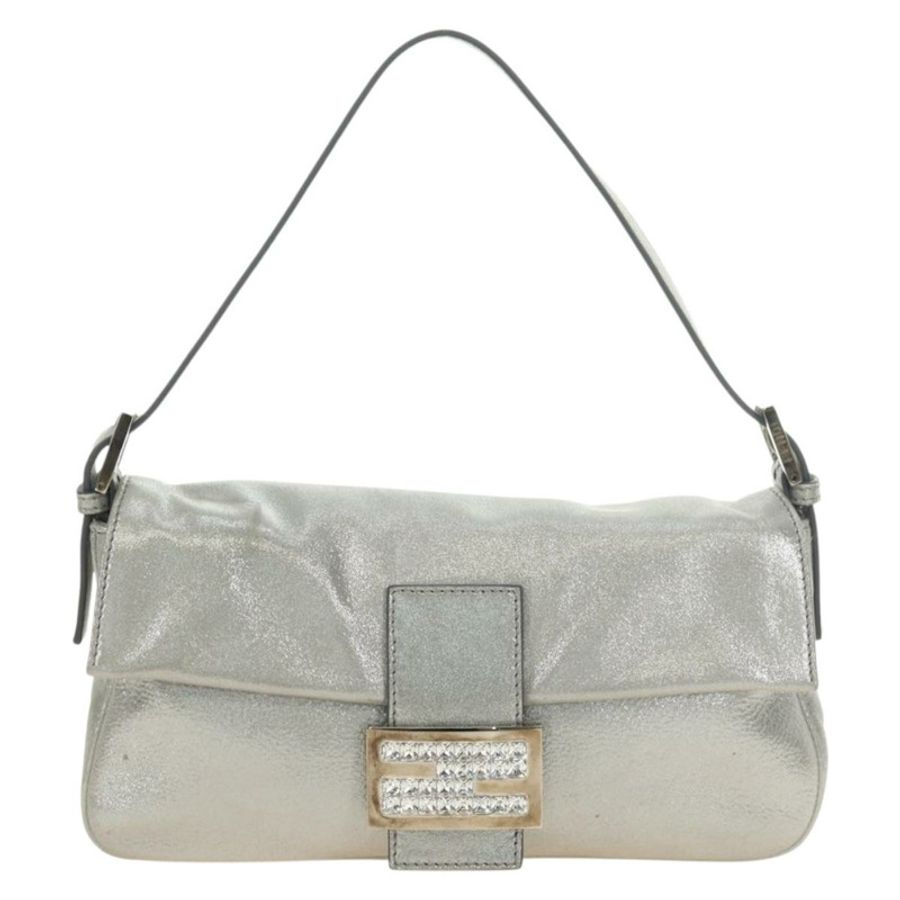 【日本直送】FENDI 鑲鑽 Mamma Baguette 單肩包 皮革 銀色 正品 yk20386SM-12
