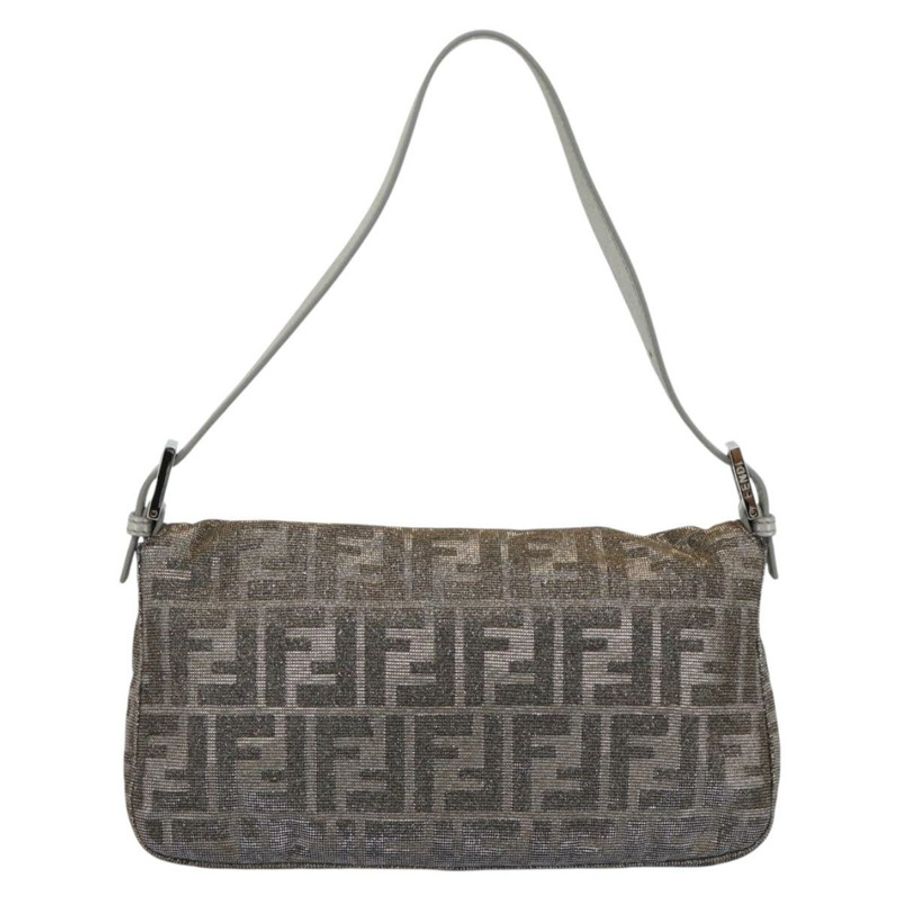【日本直送】FENDI Zucca 帆布鑲鑽 Mamma Baguette 單肩包 銀色 正品 yk20474SM-1