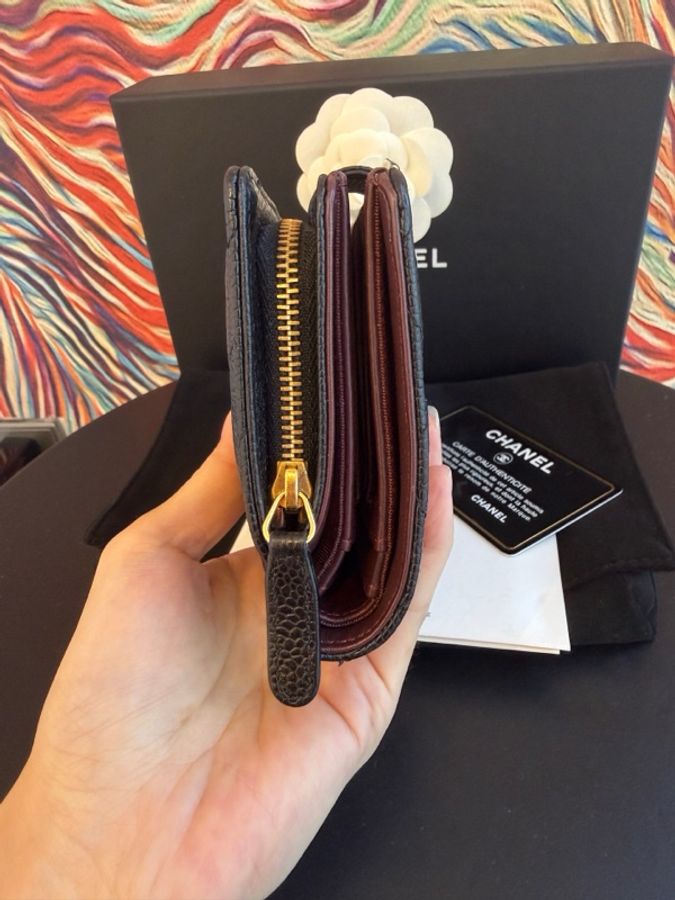 Chanel香奈兒黑金荔枝皮短款錢包,22開,經典菱格紋,金色logo-3