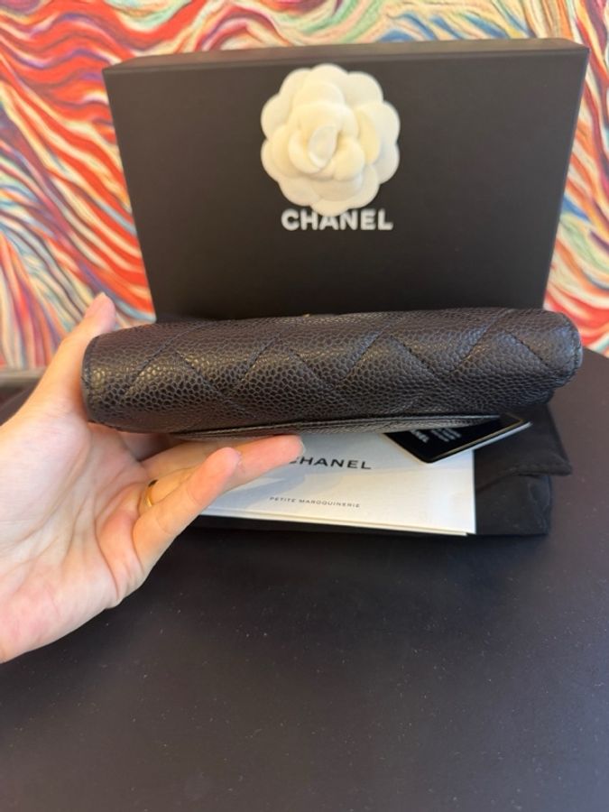 Chanel香奈兒黑金荔枝皮短款錢包,22開,經典菱格紋,金色logo-5