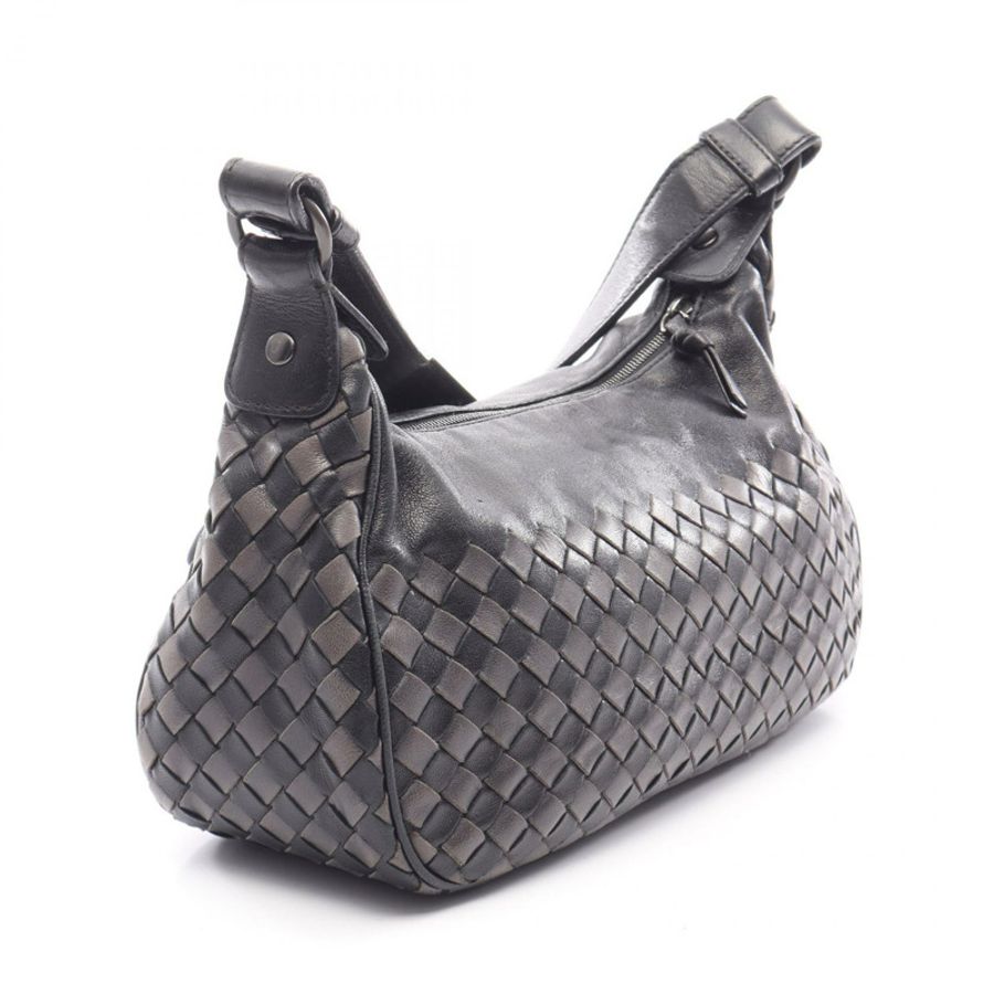 BOTTEGA VENETA Intrecciato 編織肩挎包,黑色/灰色皮革,二手女款-1