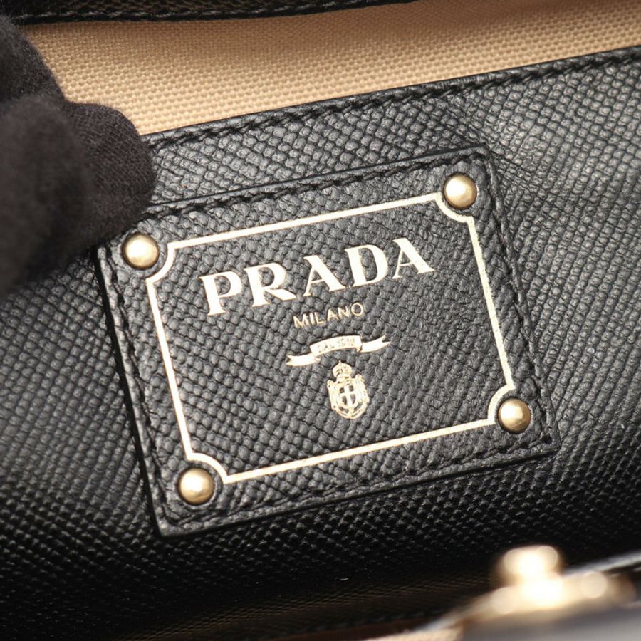 PRADA Logo 2WAY 手提包,帆布 Saffiano 皮革 米色 黑色 二手 女士-3