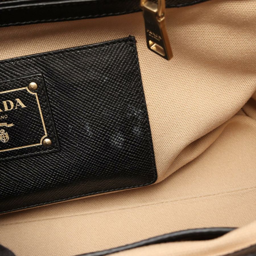 PRADA Logo 2WAY 手提包,帆布 Saffiano 皮革 米色 黑色 二手 女士-4