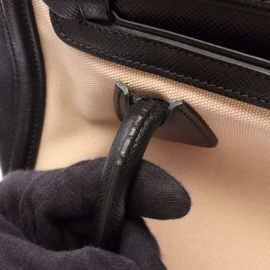PRADA Logo 2WAY 手提包,帆布 Saffiano 皮革 米色 黑色 二手 女士-8