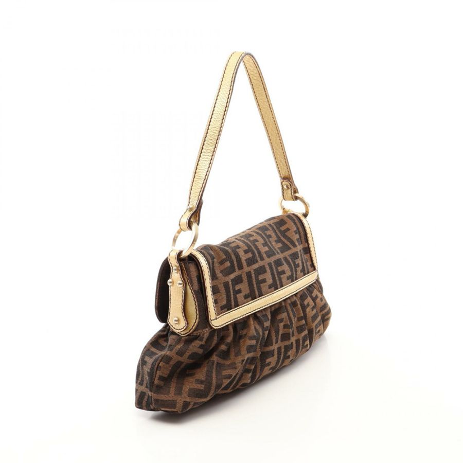 FENDI Zucca 單肩包,帆布皮革,棕色金色,二手女款-1