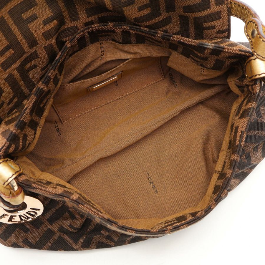 FENDI Zucca 單肩包,帆布皮革,棕色金色,二手女款-2