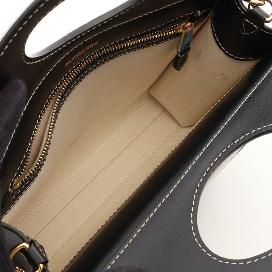 BURBERRY 標誌雙口袋手提包,帆布皮革材質,米色/黑色,二手女款-2