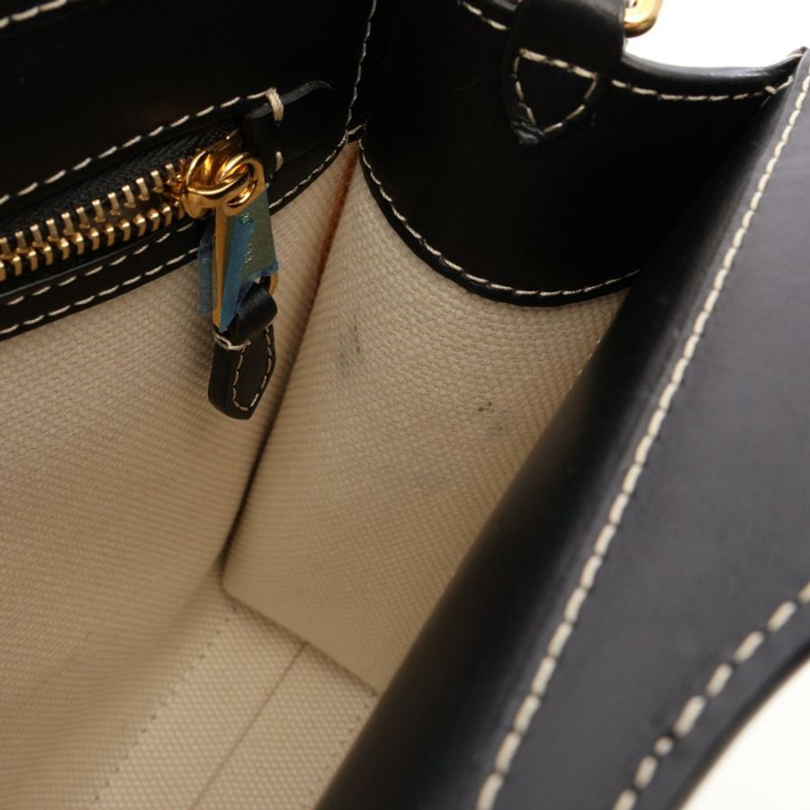 BURBERRY 標誌雙口袋手提包,帆布皮革材質,米色/黑色,二手女款-6
