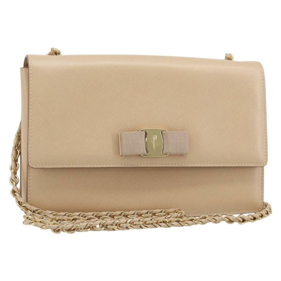 【日本直送】Salvatore Ferragamo 鏈條單肩包 皮革 米色 金色 正品 ki6669V-0