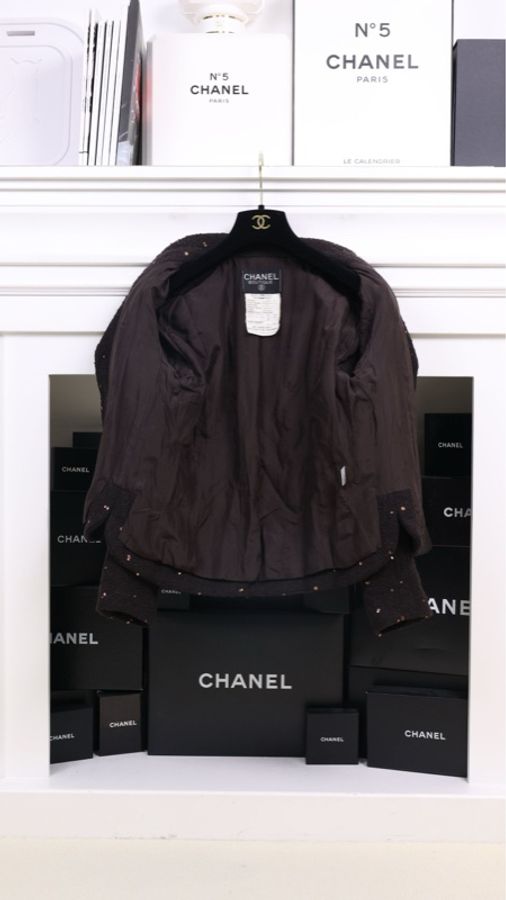 Chanel 93年棕色亮片两口袋外套-4