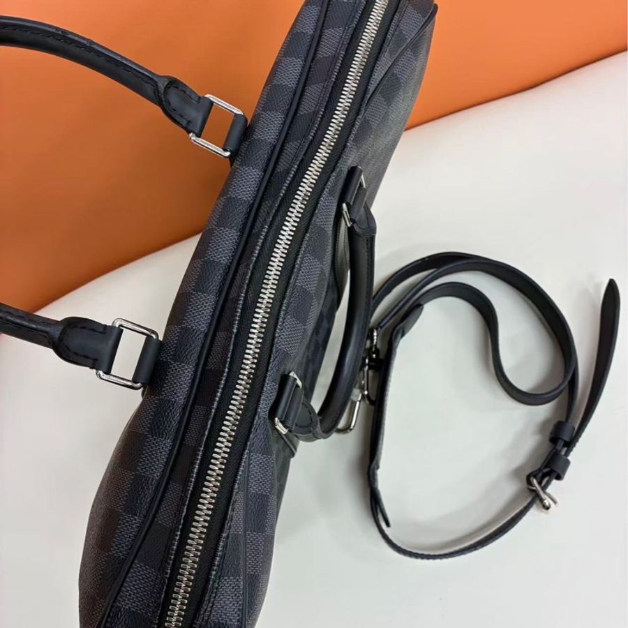 LV路易威登 VOYAGE 通勤棋盤格 帆布拼牛皮革飾邊 手提單肩斜挎包公文包 男款 黑色棋盤格-3
