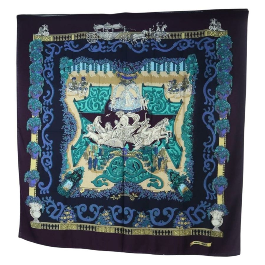 【日本直送】HERMES Carre 140 圍巾「Le Paradis du Ray」羊絨海軍藍正品 hk3922M-0