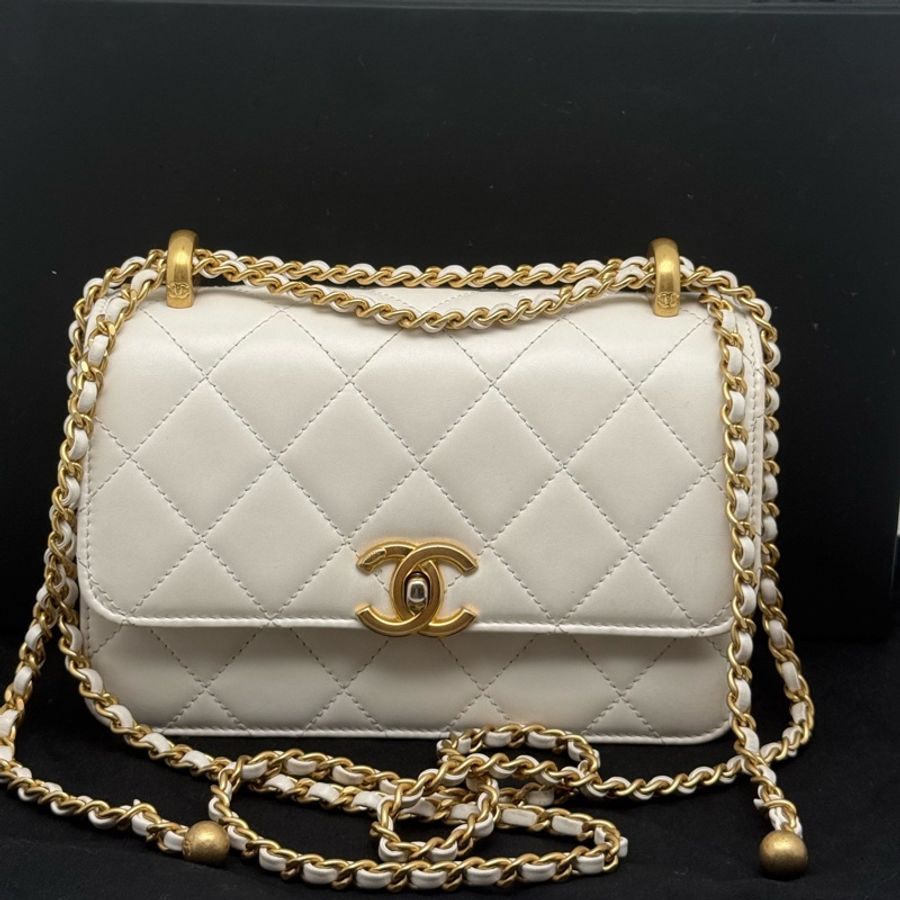Chanel 香奈兒白金雙金珠cf鏈條包,19cm芯片款-1