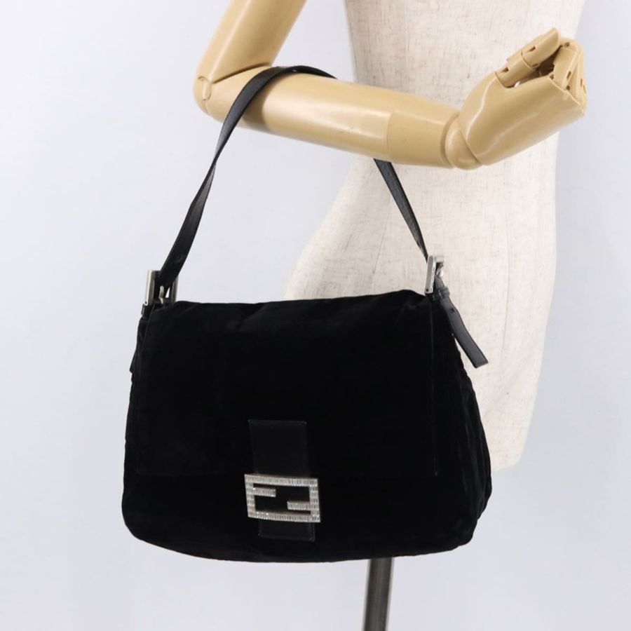 【日本直送】FENDI Mamma Baguette 單肩包 絲絨 黑色 銀色 正品 yk20633SAM-28