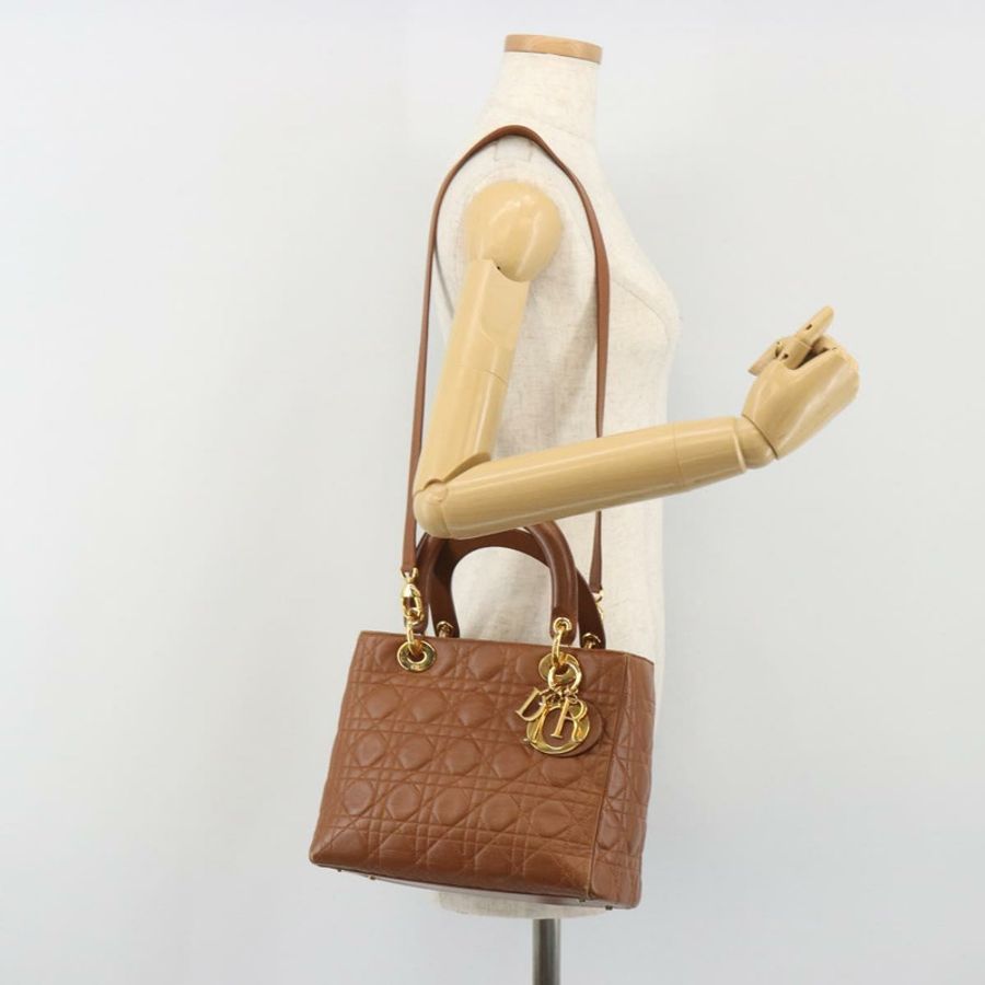 【日本直送】Christian Dior Lady Dior Canage 手提包,羊皮材質,棕色/金色雙肩包,正品 ep15615V-24