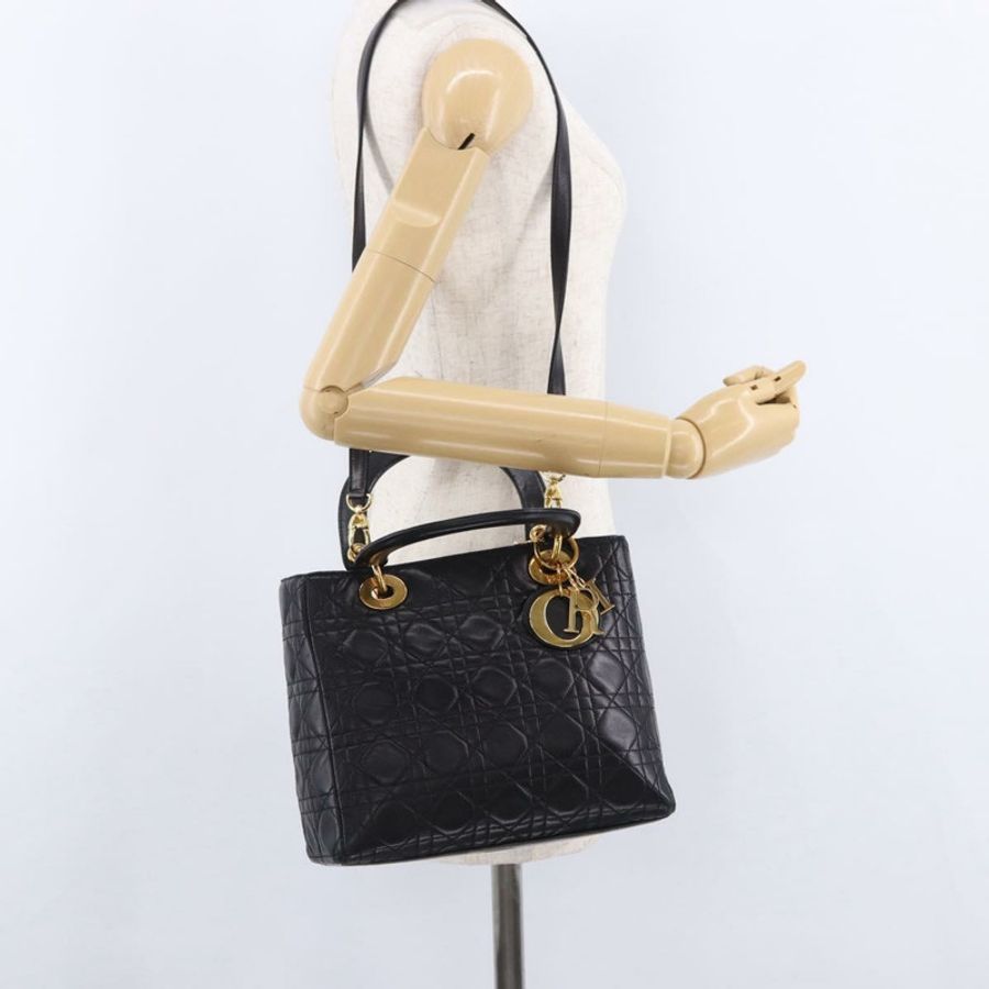 【日本直送】Christian Dior Lady Dior Canage 手提包 皮革 2way 黑色金色 正品 ep15594V-24