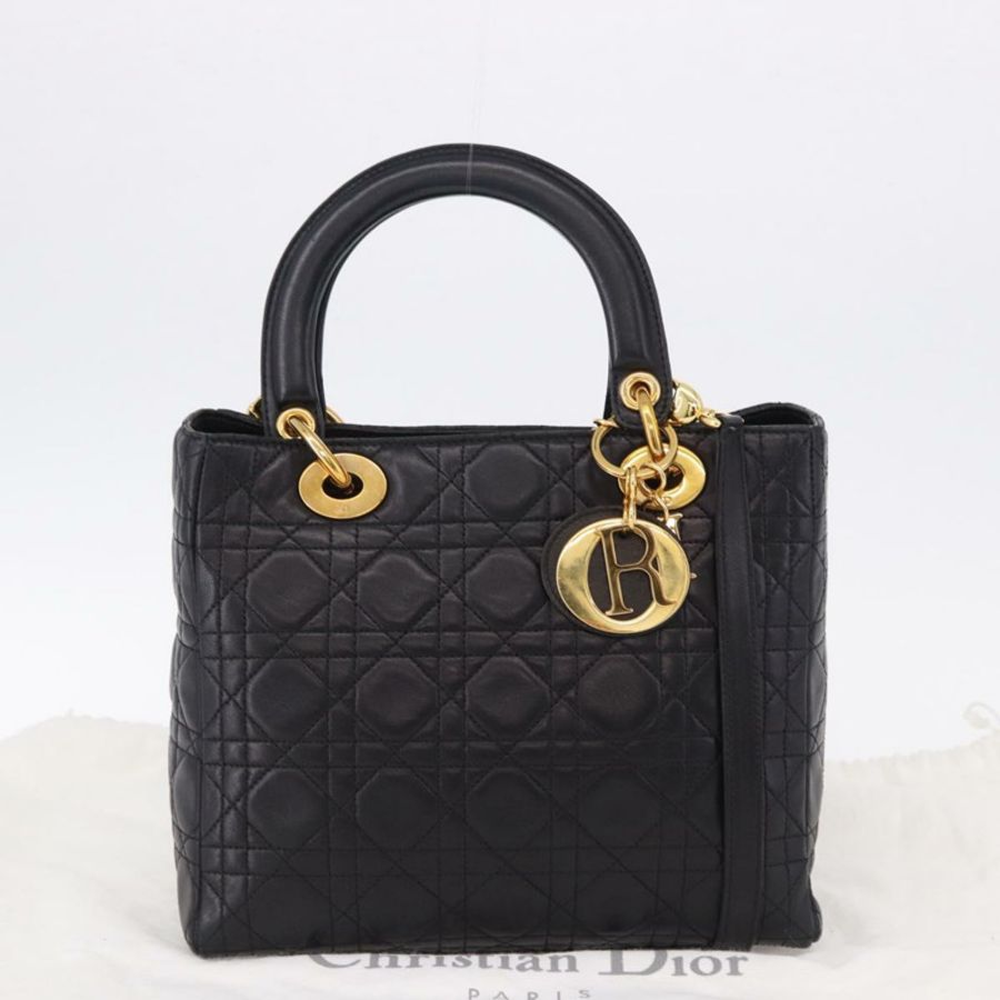 【日本直送】Christian Dior Lady Dior Canage 手提包 皮革 2way 黑色金色 正品 ep15594V-25