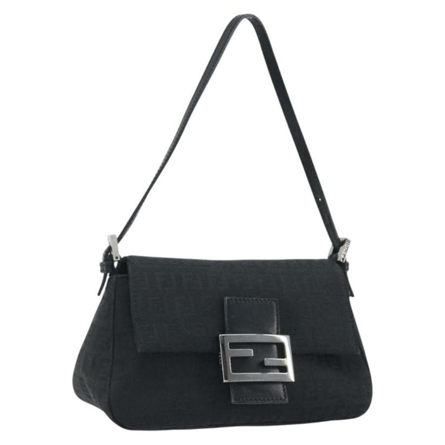 【日本直送】FENDI Zucchino帆布Mamma Baguette單肩包 黑色銀色 正品 ki6734M-0