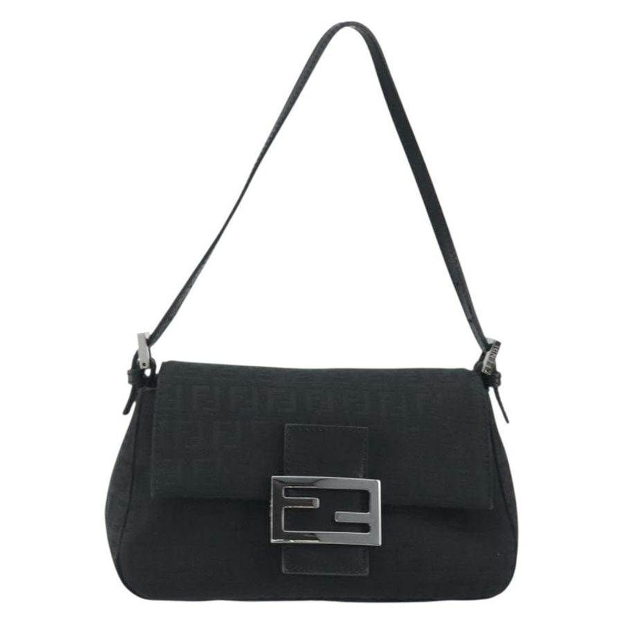 【日本直送】FENDI Zucchino帆布Mamma Baguette單肩包 黑色銀色 正品 ki6734M-1