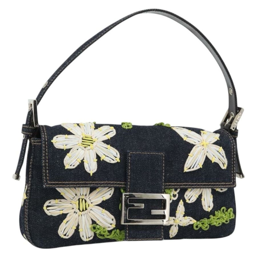 【日本直送】FENDI 花卉刺繡 Mamma Baguette 單肩包 牛仔藍 正品 yk20668SM-0