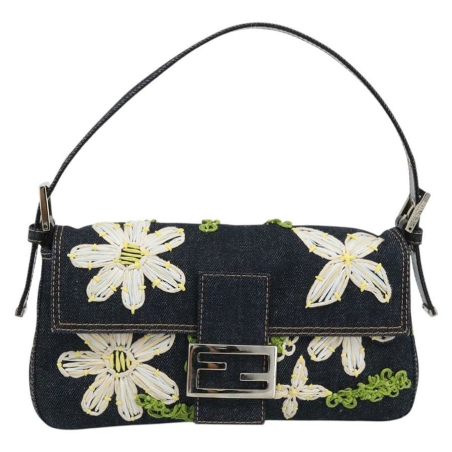 【日本直送】FENDI 花卉刺繡 Mamma Baguette 單肩包 牛仔藍 正品 yk20668SM-1