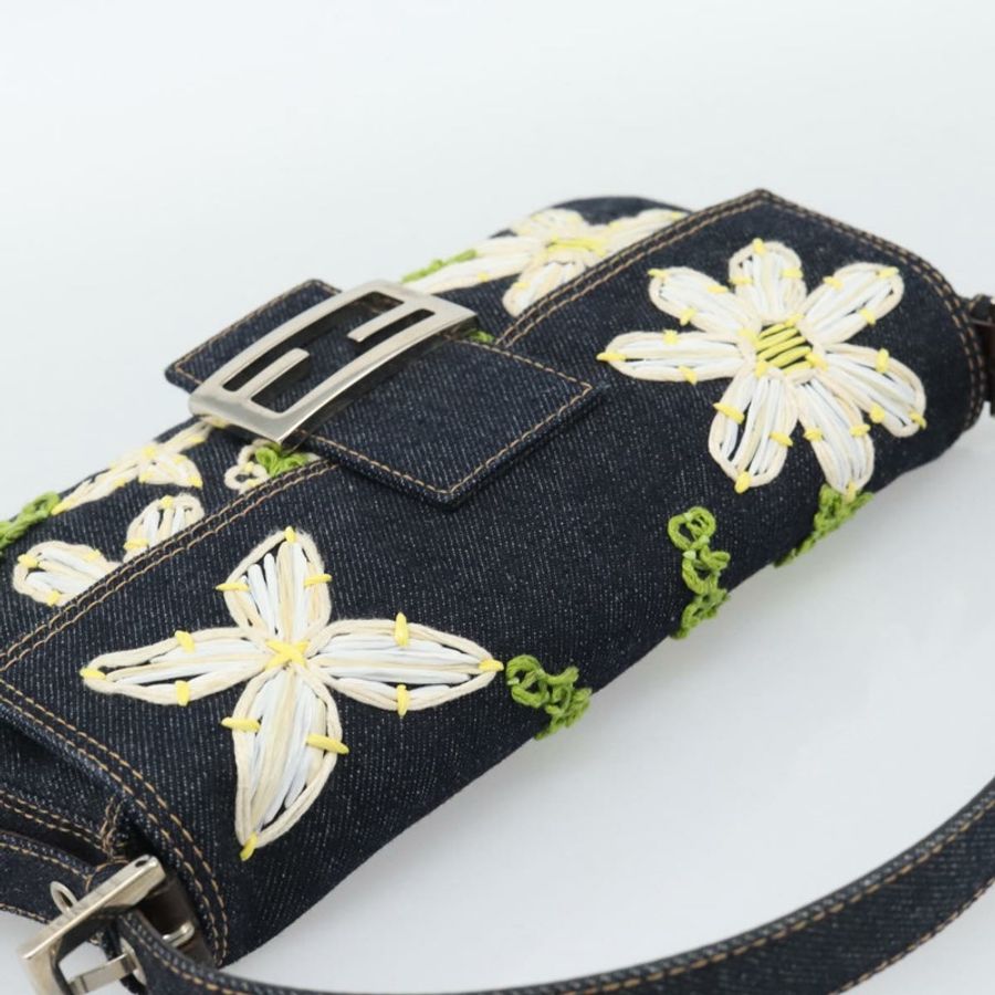 【日本直送】FENDI 花卉刺繡 Mamma Baguette 單肩包 牛仔藍 正品 yk20668SM-5