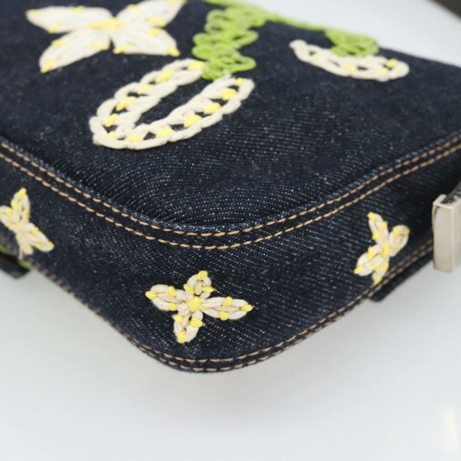 【日本直送】FENDI 花卉刺繡 Mamma Baguette 單肩包 牛仔藍 正品 yk20668SM-11